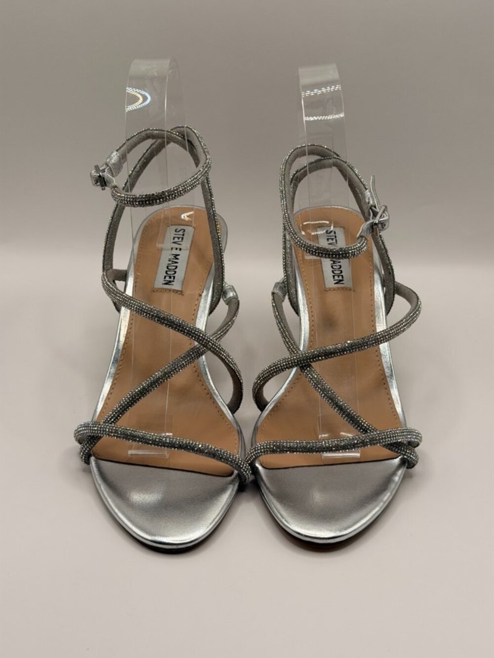 Steve Madden Womens Rexha Rhinestone Steap Silver High Heel Sandal Sz 7 - Picture 2 of 8